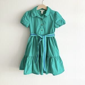 Monsoon Girls 4 Dress Green Ribbon Belt Collar Short Sleeve Ruffle